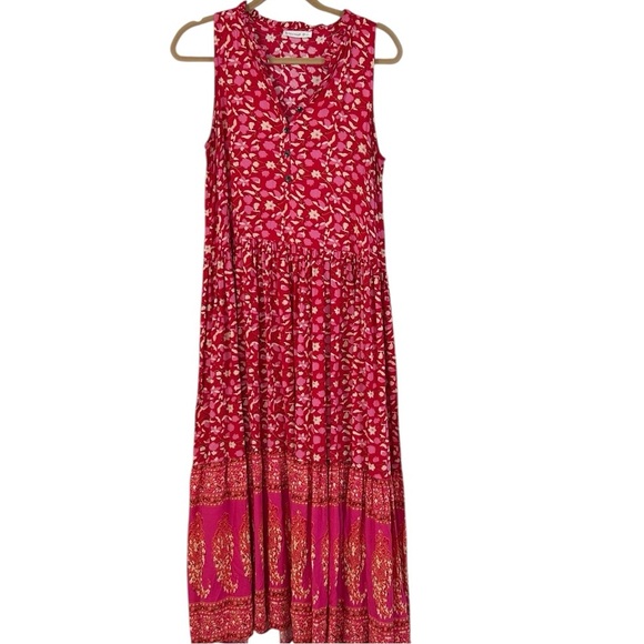 R. Vivimos Red Floral Sleeveless Maxi Dress Flowy Boho Ruffle Cottage SZ Large - Picture 3 of 14